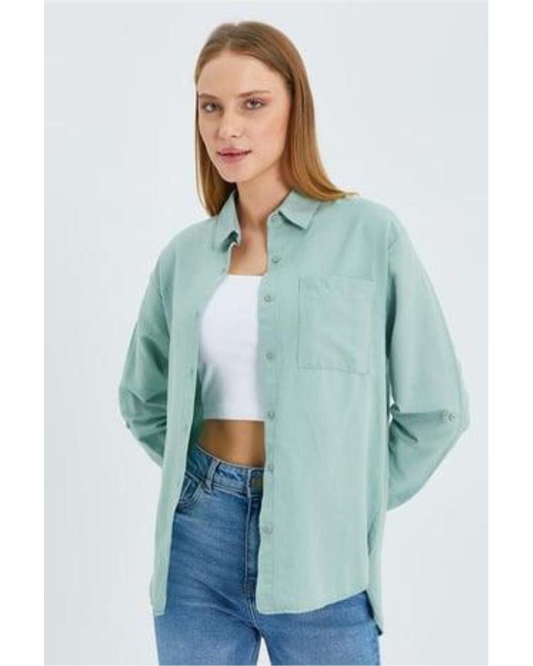 MixRay Green Long Sleeve Button-Up Shirt With Pocket