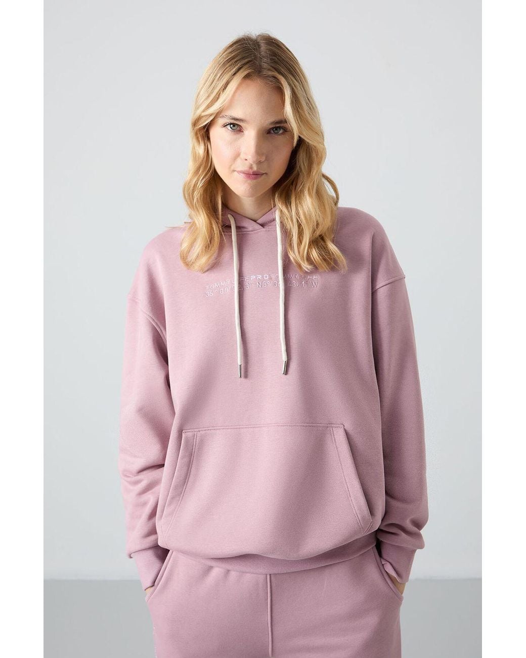 TOMMY LIFE Pink Oversized Hooded Sweatshirt And Pants Set