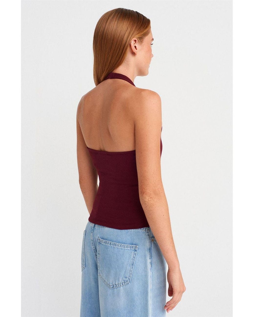 Dilvin Red Crop Halterneck Ribbed Blouse With Stone Detail