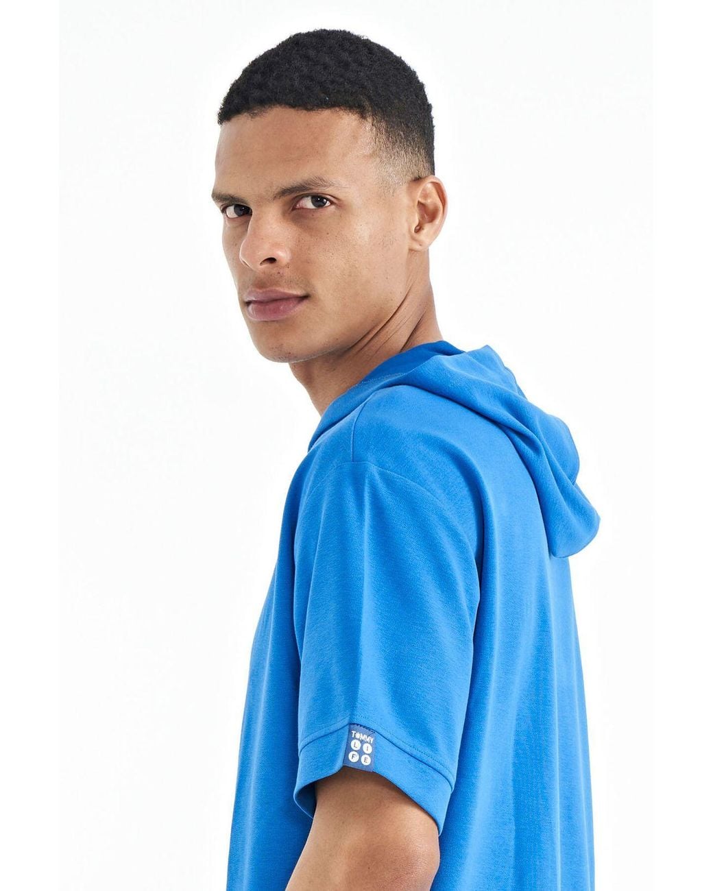 TOMMY LIFE Blue Oversized Hooded T-Shirt With Accessory Details for men