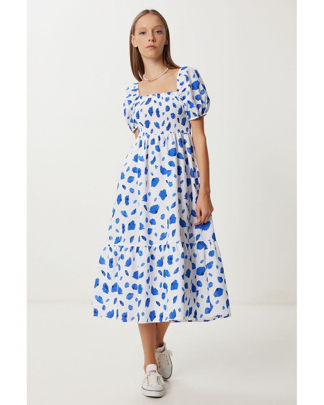 Happiness İstanbul Blue Frilly Abstract Print A-Line Midi Dress With Square Collar