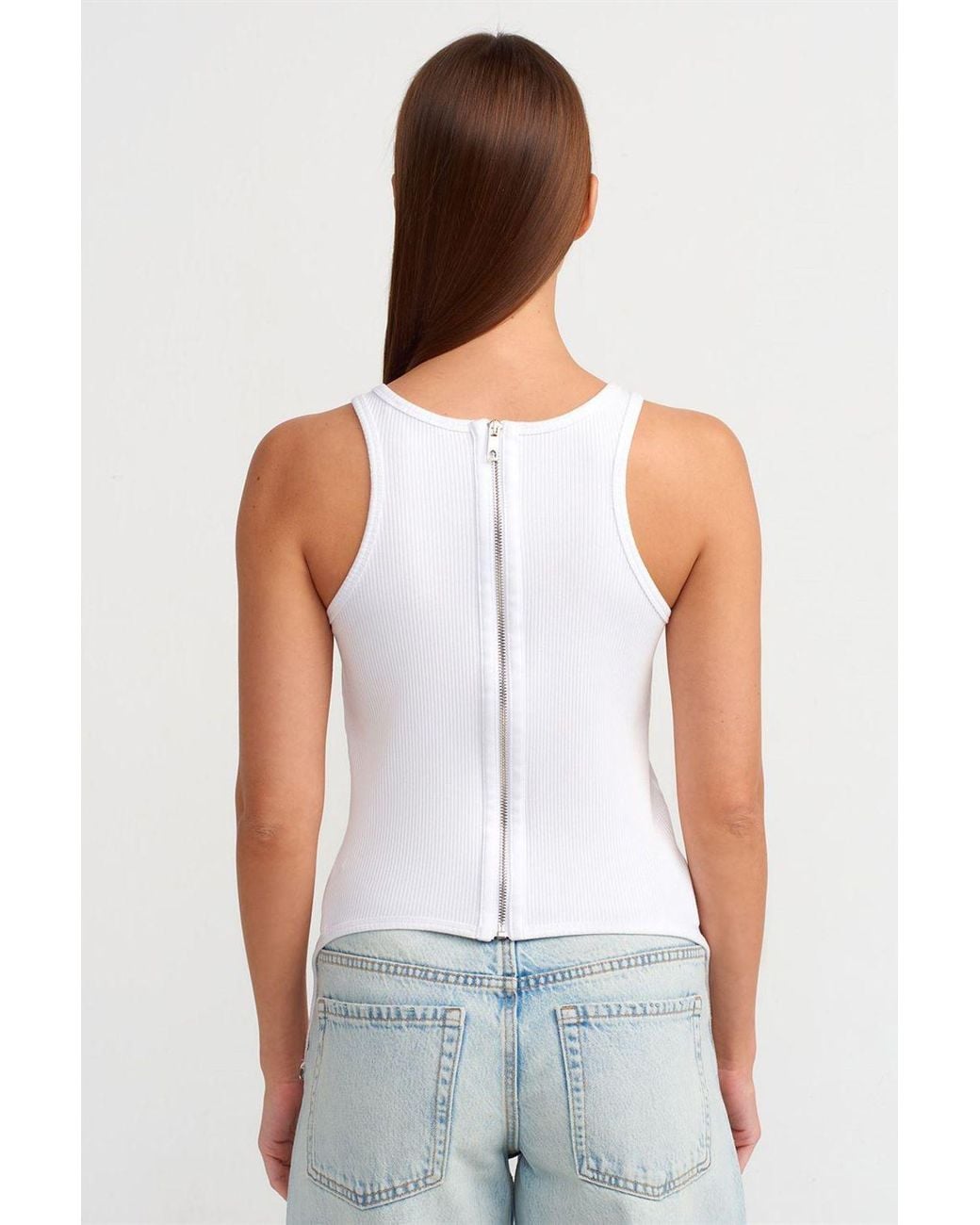 Dilvin White Cotton Ribbed Zip Crop Corset Top
