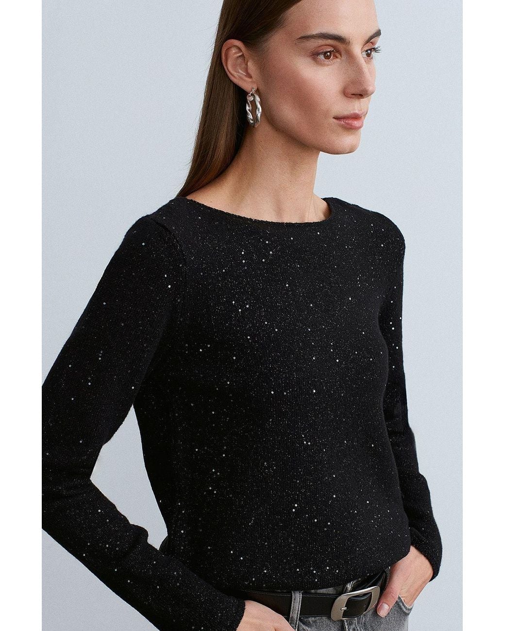 Dilvin Black Boat Neck Sequin Knit Sweater