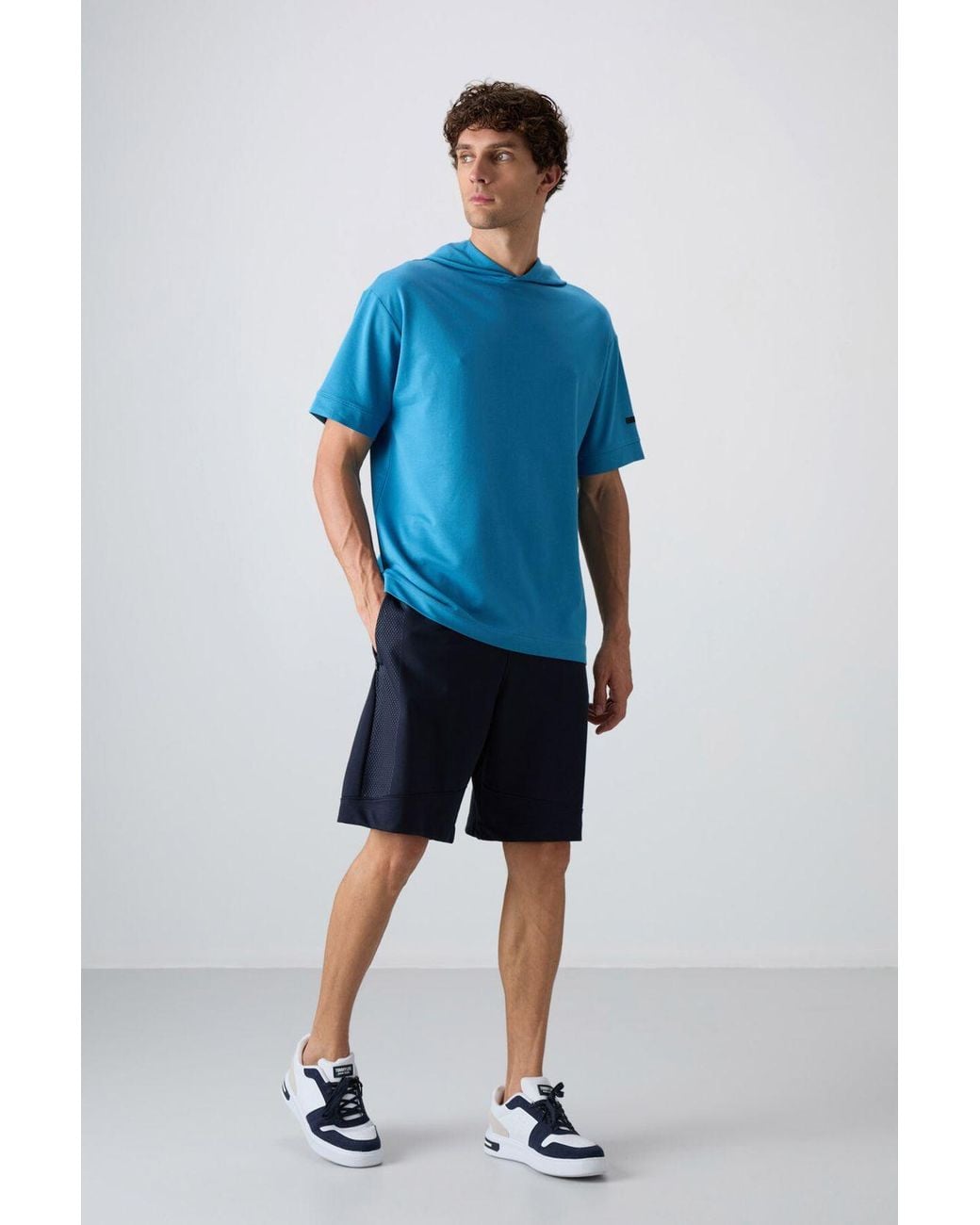 TOMMY LIFE Blue Oversized Hooded Short-Sleeve T-Shirt for men