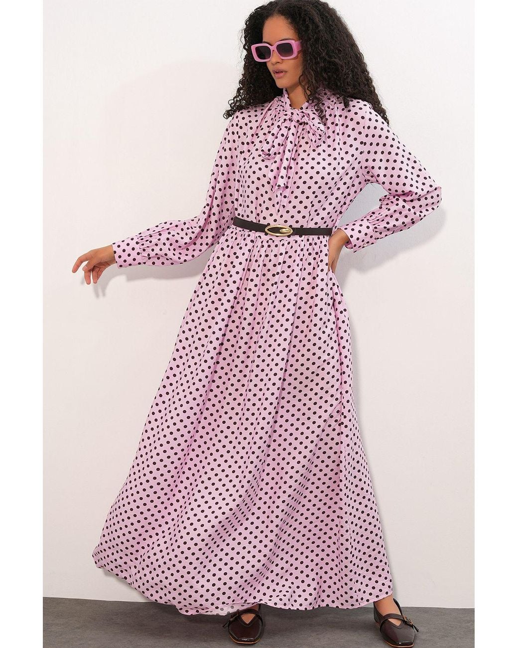 Bigdart Pink Polka Dot Maxi Shirt Dress