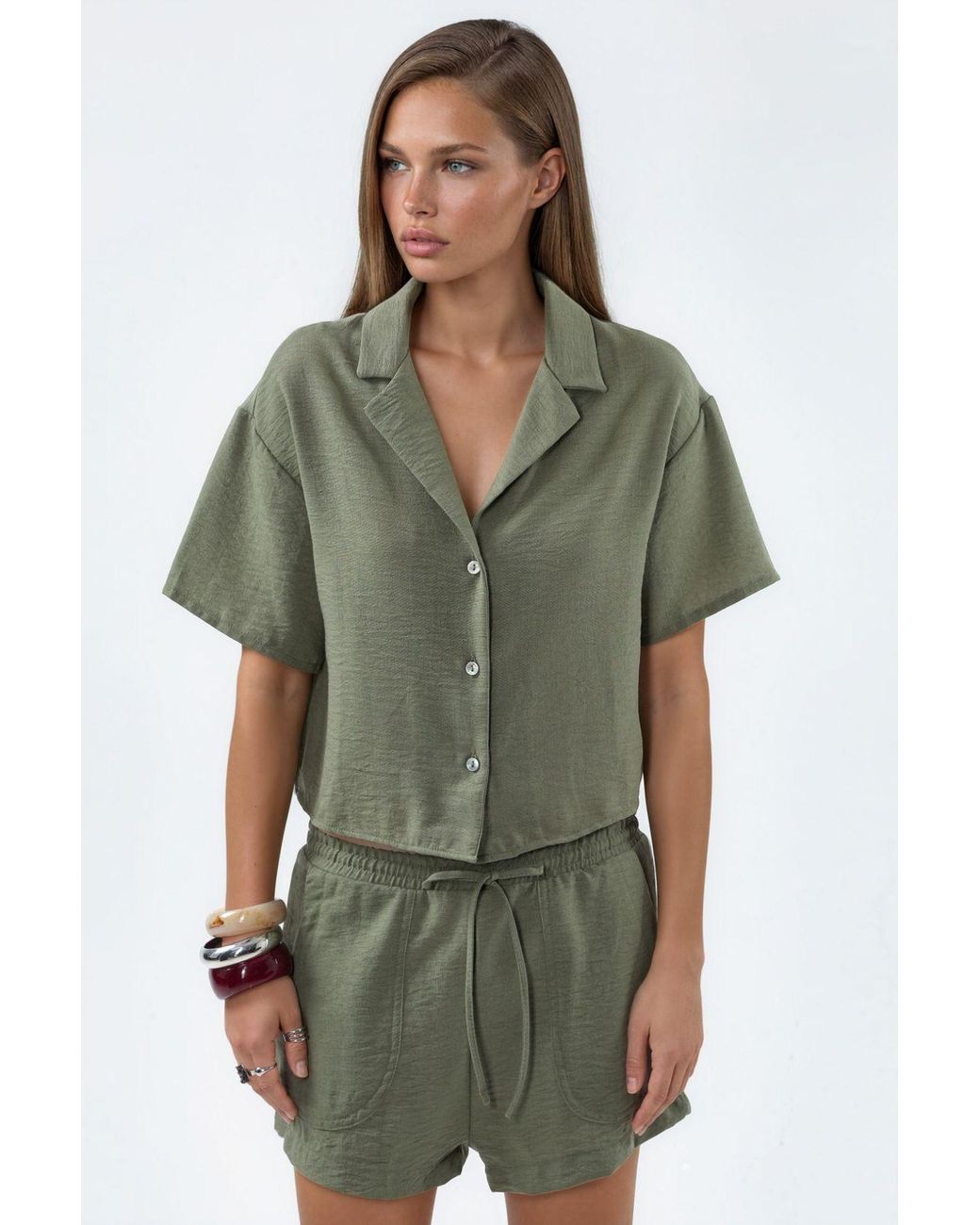 Busem Green Textured Crop Shirt With Button Closure