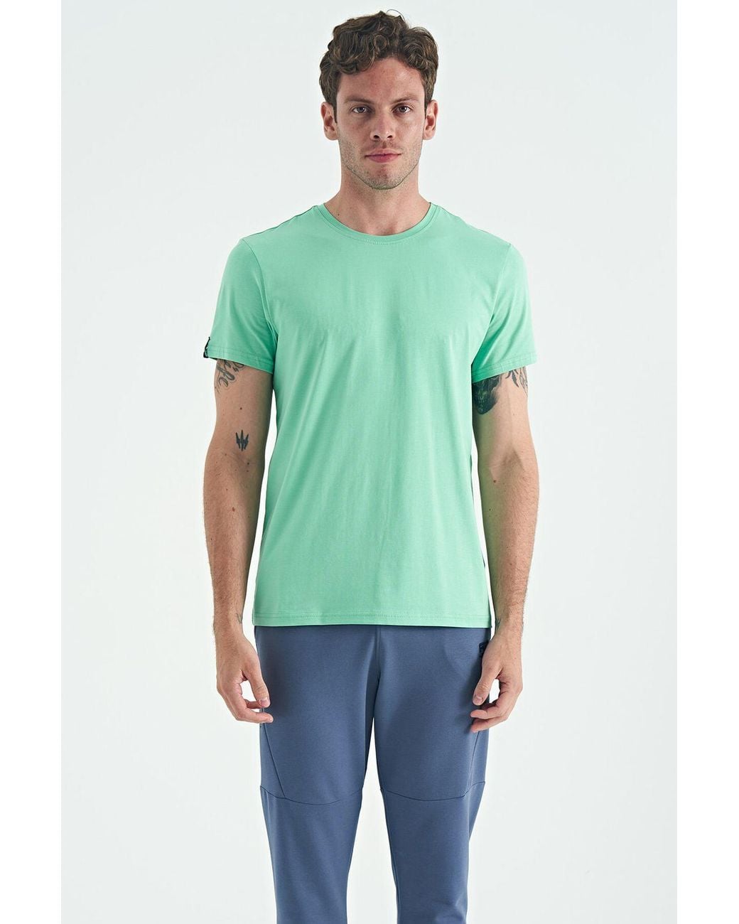 TOMMY LIFE Green Cotton Elastane Crew Neck T-Shirt for men