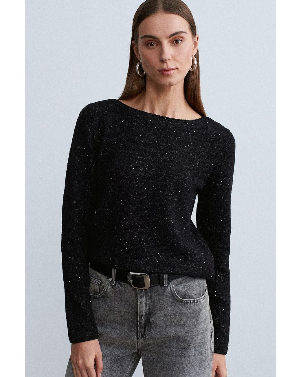 Dilvin Black Boat Neck Sequin Knit Sweater