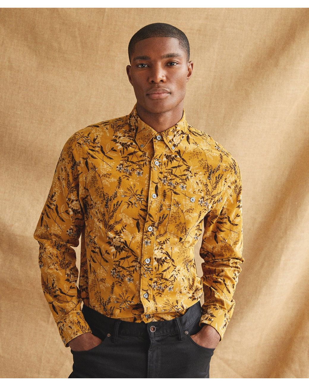 mustard yellow button up shirt mens