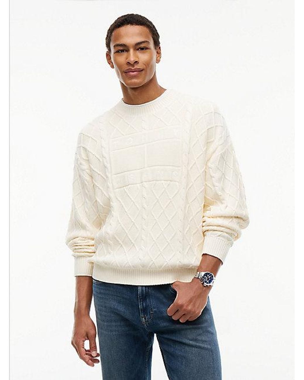 Tommy Hilfiger White Tommy Jeans Diamond Cable Knit Relaxed Jumper for men