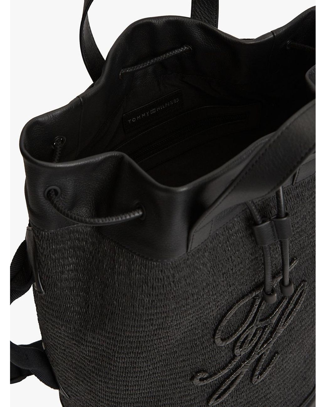 Tommy Hilfiger Black Raffia Drawstring Sling Bucket Beach Bag for men