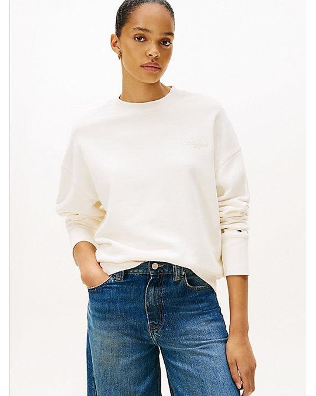 Tommy Hilfiger White Logo Embroidery Relaxed Fit Sweatshirt
