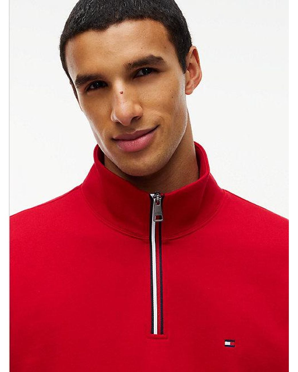 Tommy Hilfiger Red Global Stripe Terry Quarter Zip Sweatshirt for men