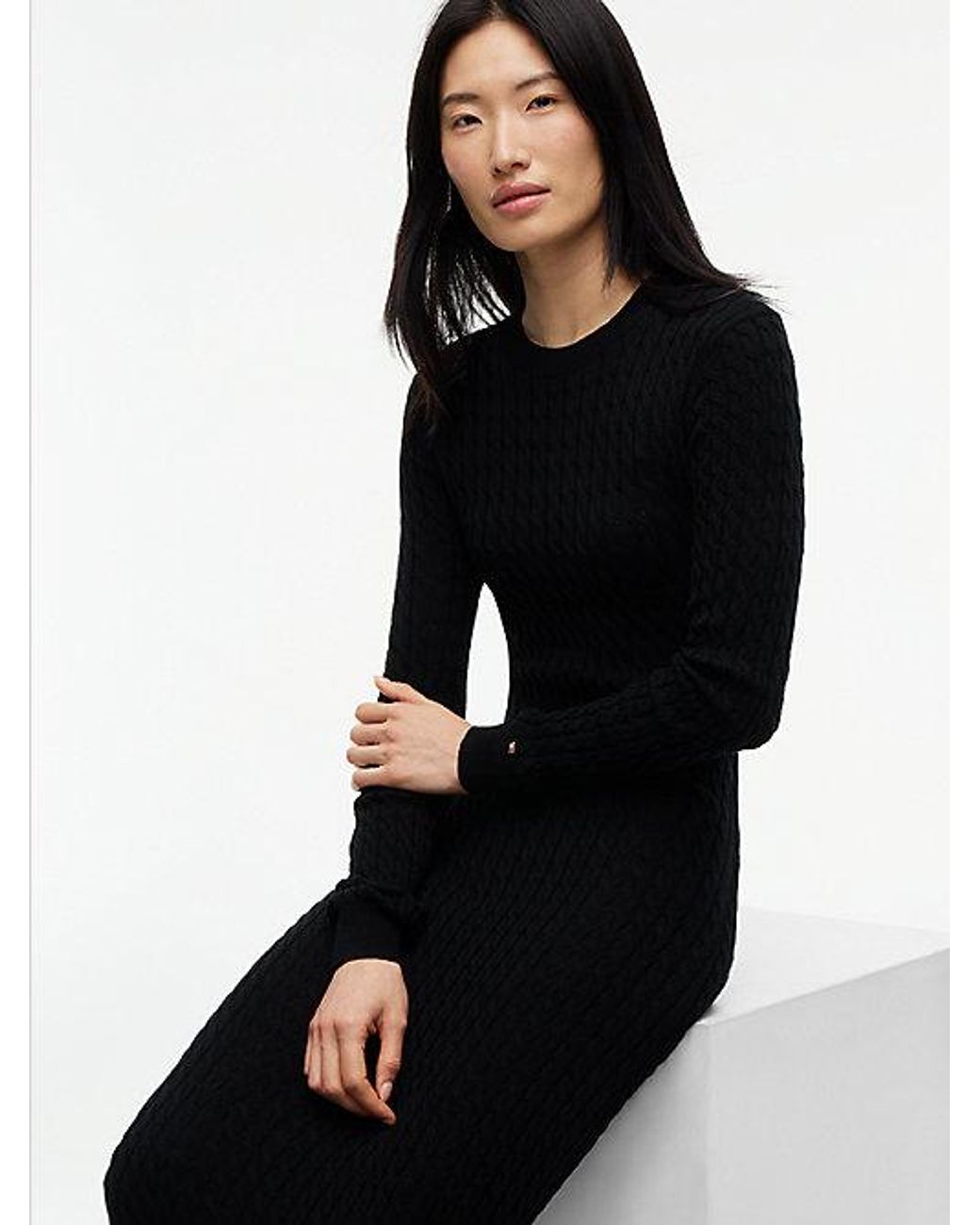 Tommy Hilfiger Black Pure Wool Cable Knit Jumper Dress