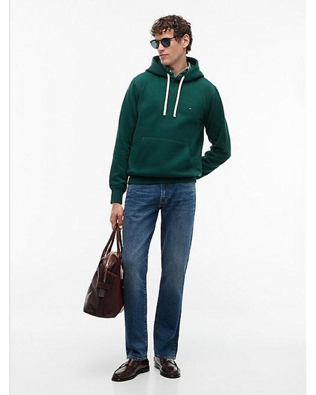 Tommy Hilfiger Green Peached Fleece Contrast Drawstring Hoody for men