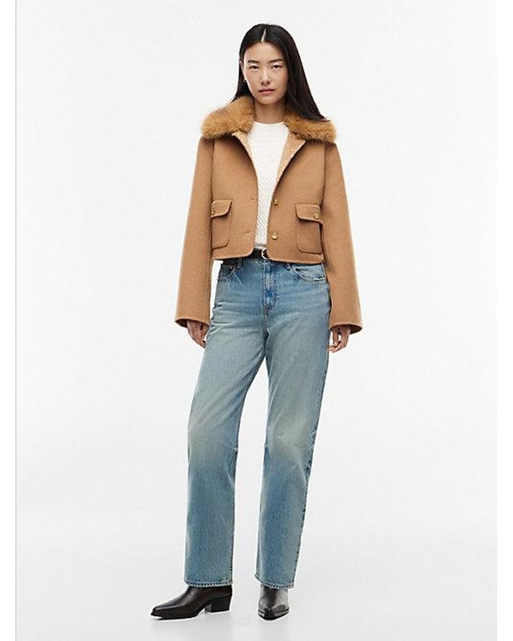 Tommy Hilfiger Blue Faux Fur Collar Wool Blend Jacket