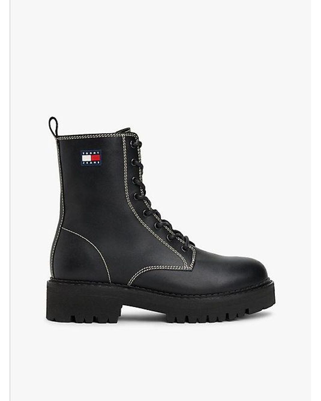 Tommy Hilfiger Black Leather Lace-up Cleat Mid Boots