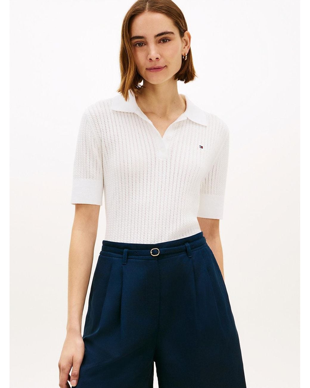 Tommy Hilfiger White Pointelle Short Sleeve Polo Jumper