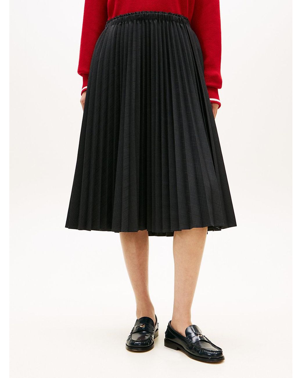 Tommy Hilfiger Red Pleated Check Wool Blend Midi Skirt