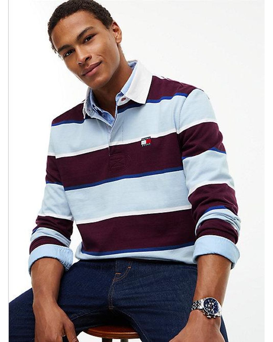Tommy Hilfiger Blue Tommy Jeans Tommy Badge Stripe Relaxed Rugby Shirt for men