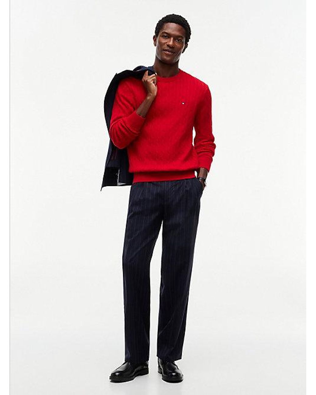 Tommy Hilfiger Red Cable Knit Crew Neck Jumper for men