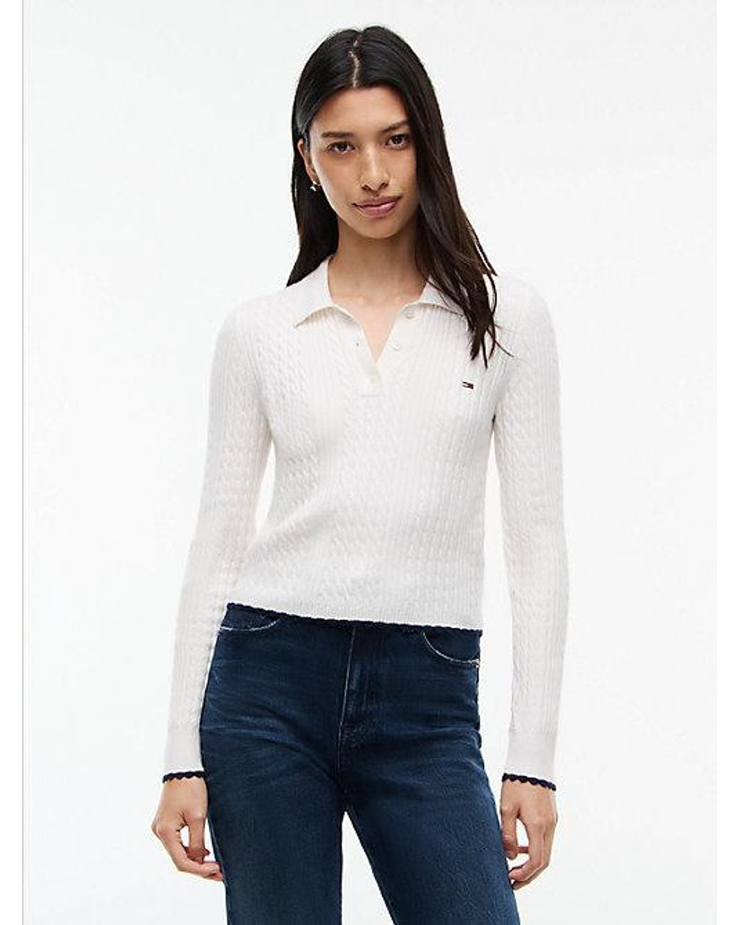 Tommy Hilfiger White Tommy Jeans Micro Cable Knit Slim Polo Jumper
