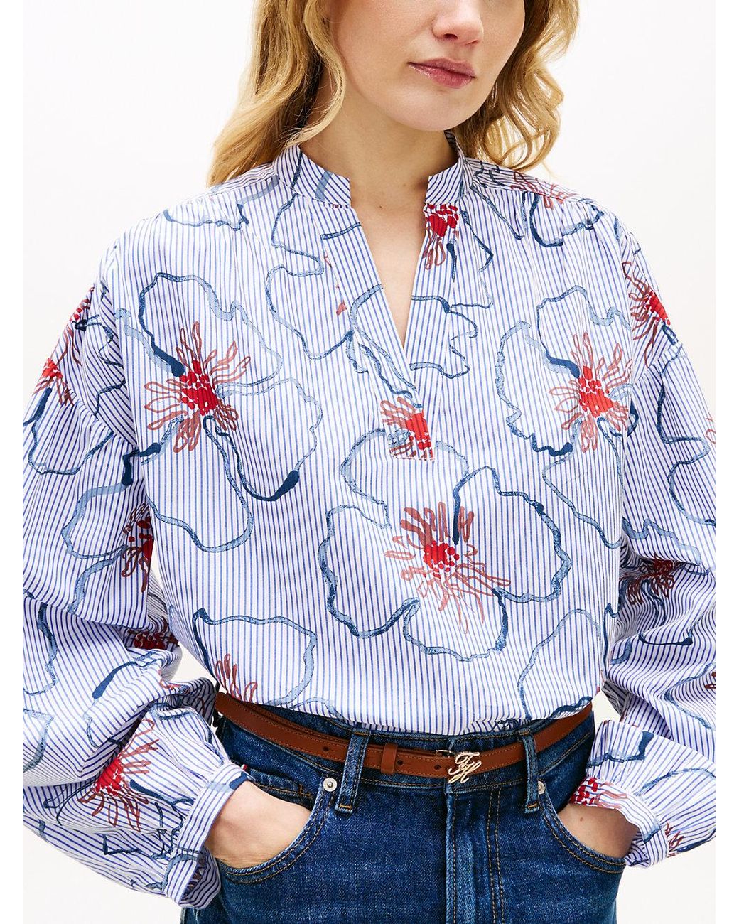 Tommy Hilfiger Blue Relaxed Fit Poplin V-Neck Blouse