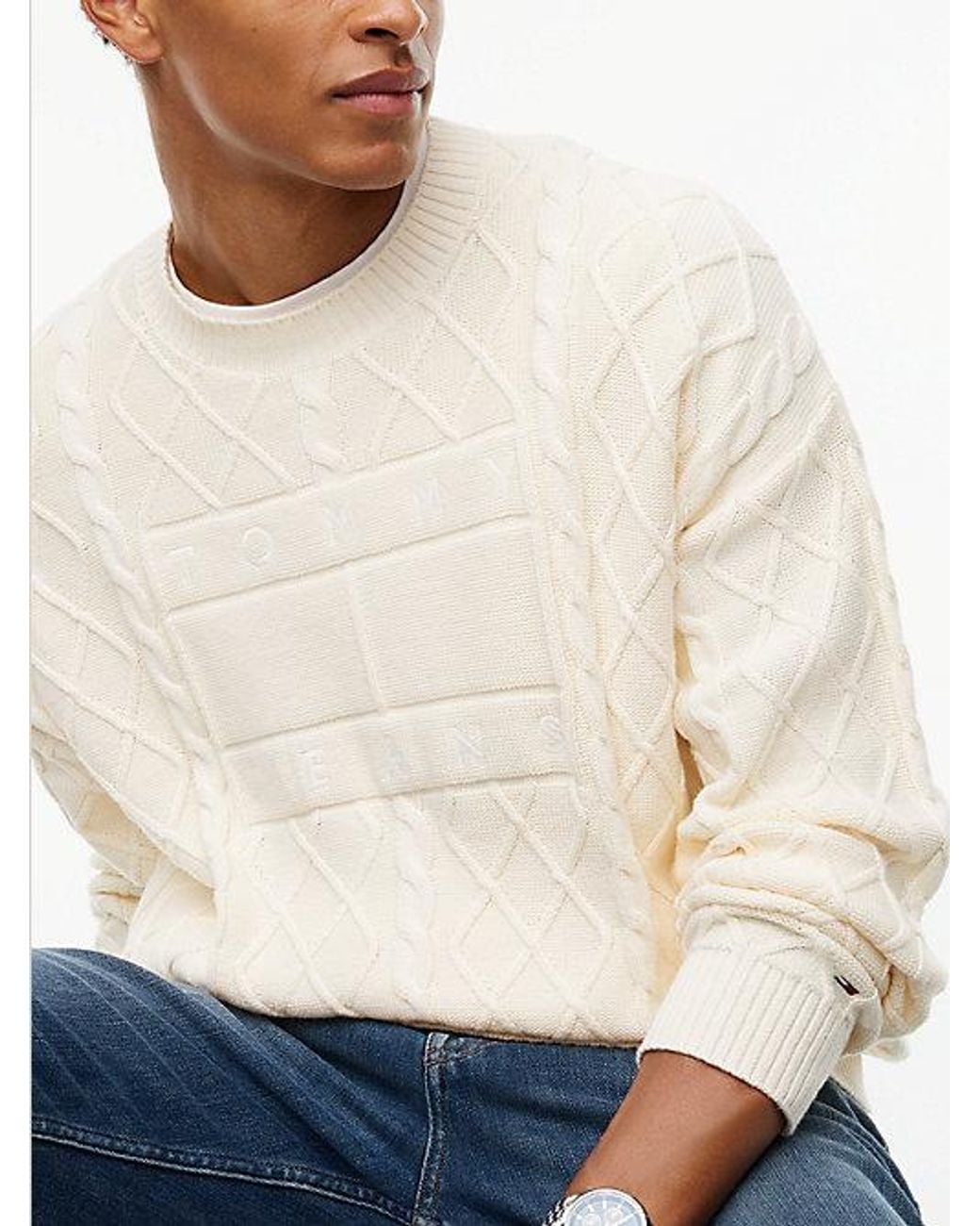 Tommy Hilfiger White Tommy Jeans Diamond Cable Knit Relaxed Jumper for men