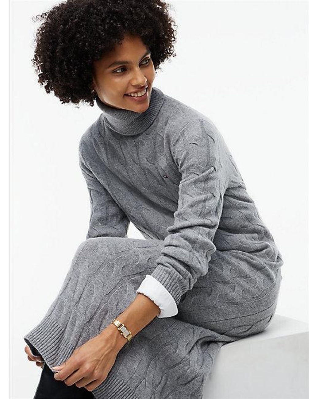 Tommy Hilfiger Gray Pure Wool Cable Roll Neck Jumper Dress
