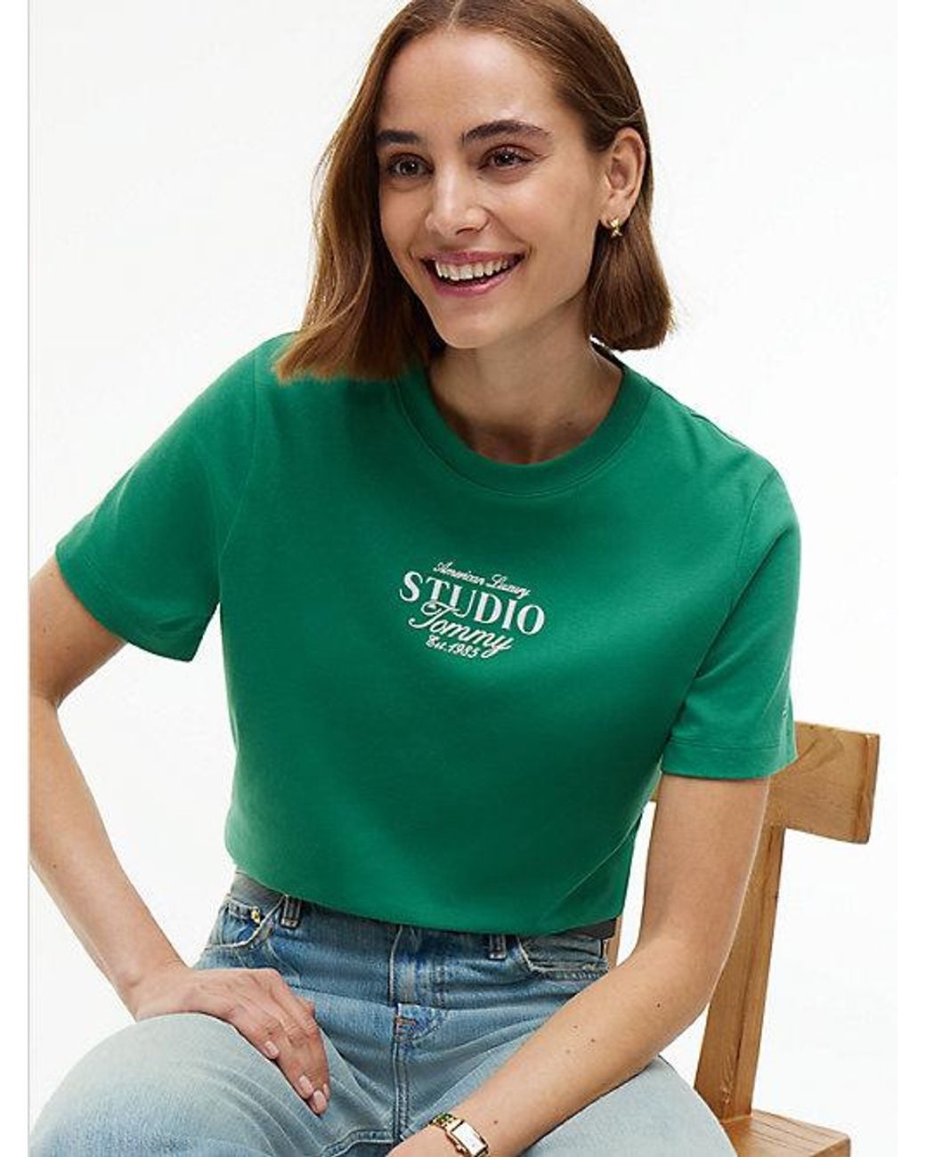 Tommy Hilfiger Green Logo Interlock Knit Crew Neck T-Shirt