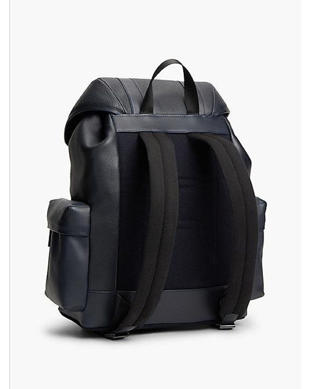 Tommy Hilfiger Black Leather Global Stripe Buckle Flap Backpack for men