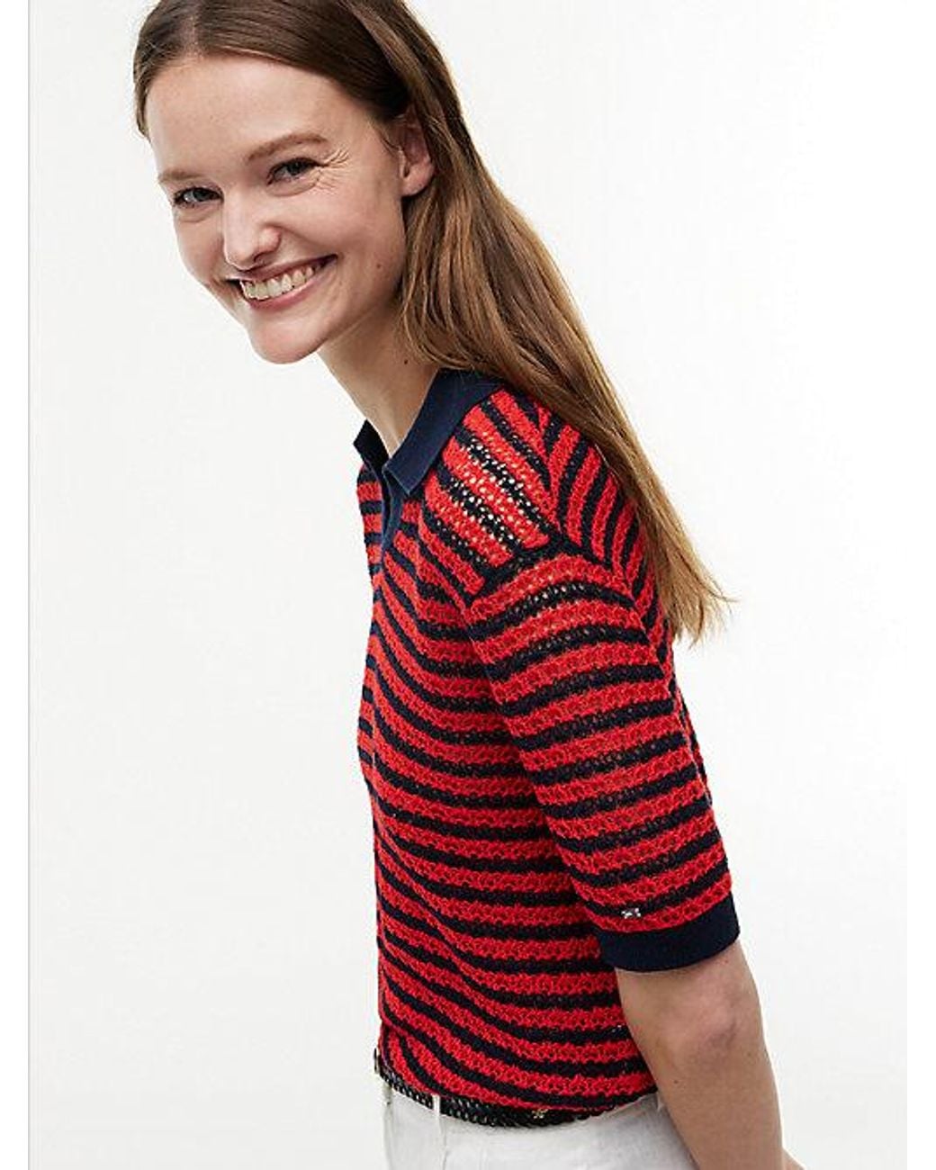 Tommy Hilfiger Red Pointelle Relaxed Short Sleeve Polo Jumper