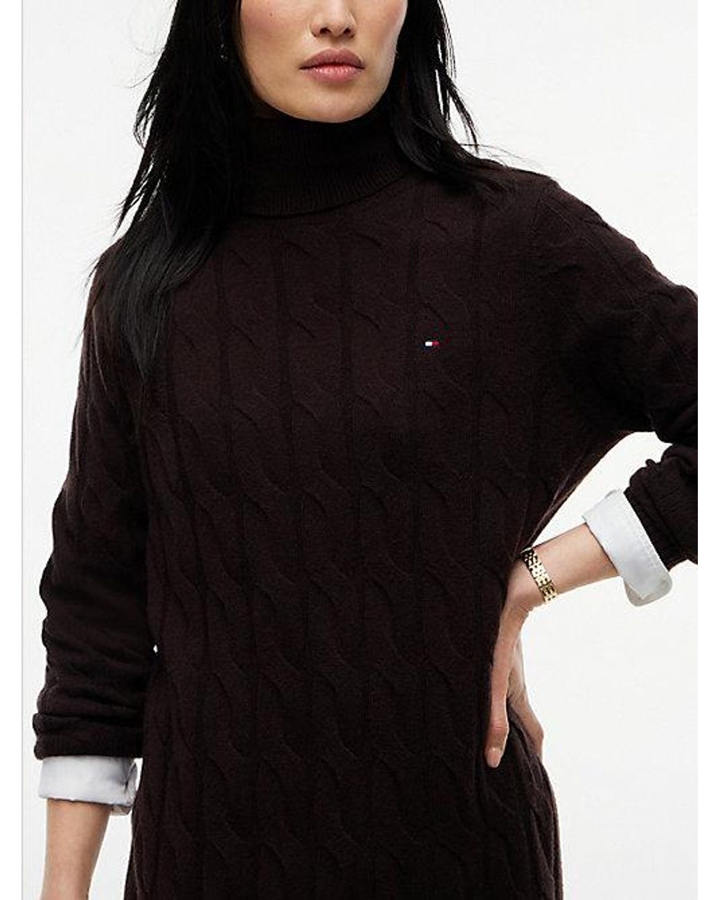 Tommy Hilfiger Black Pure Wool Cable Roll Neck Jumper Dress