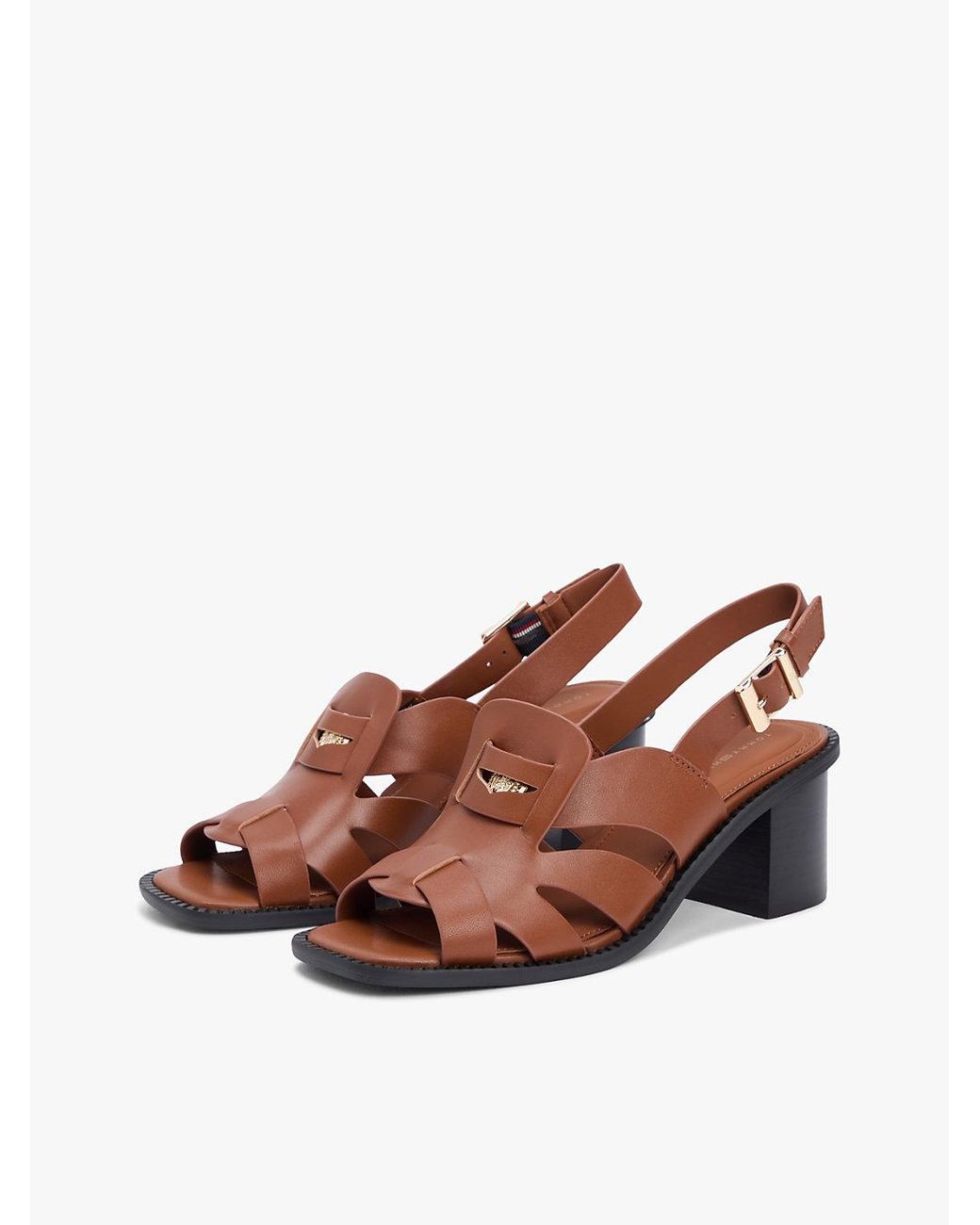 Tommy Hilfiger Brown Leather Crest Block Heel Sandals