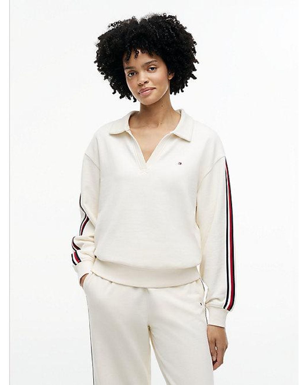 Tommy Hilfiger White Global Stripe Relaxed Lounge Rugby Jumper