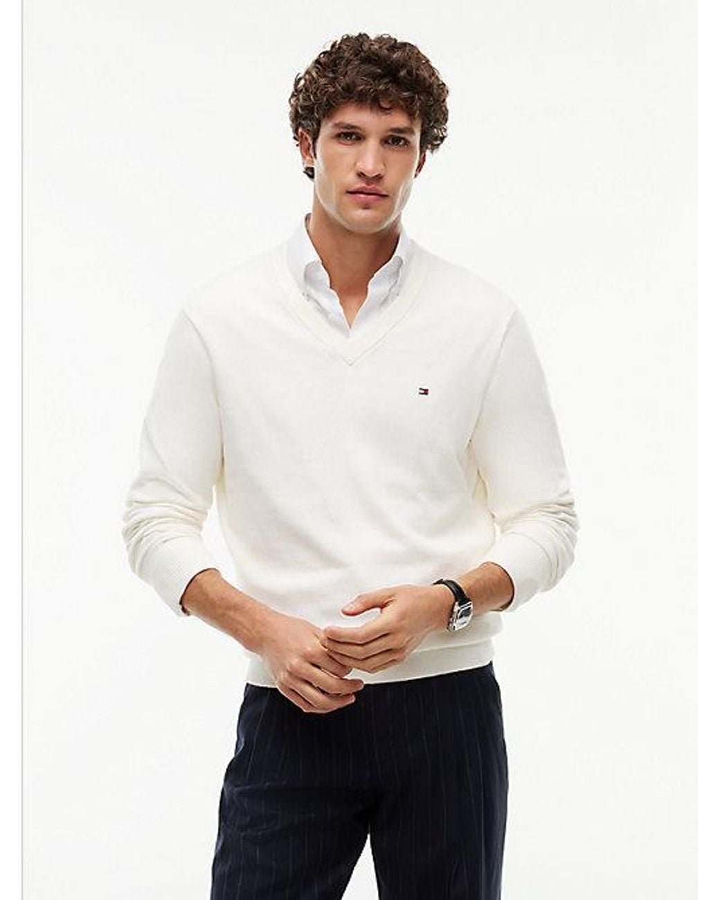 Tommy Hilfiger White V Neck Jumper With Cashmere for men