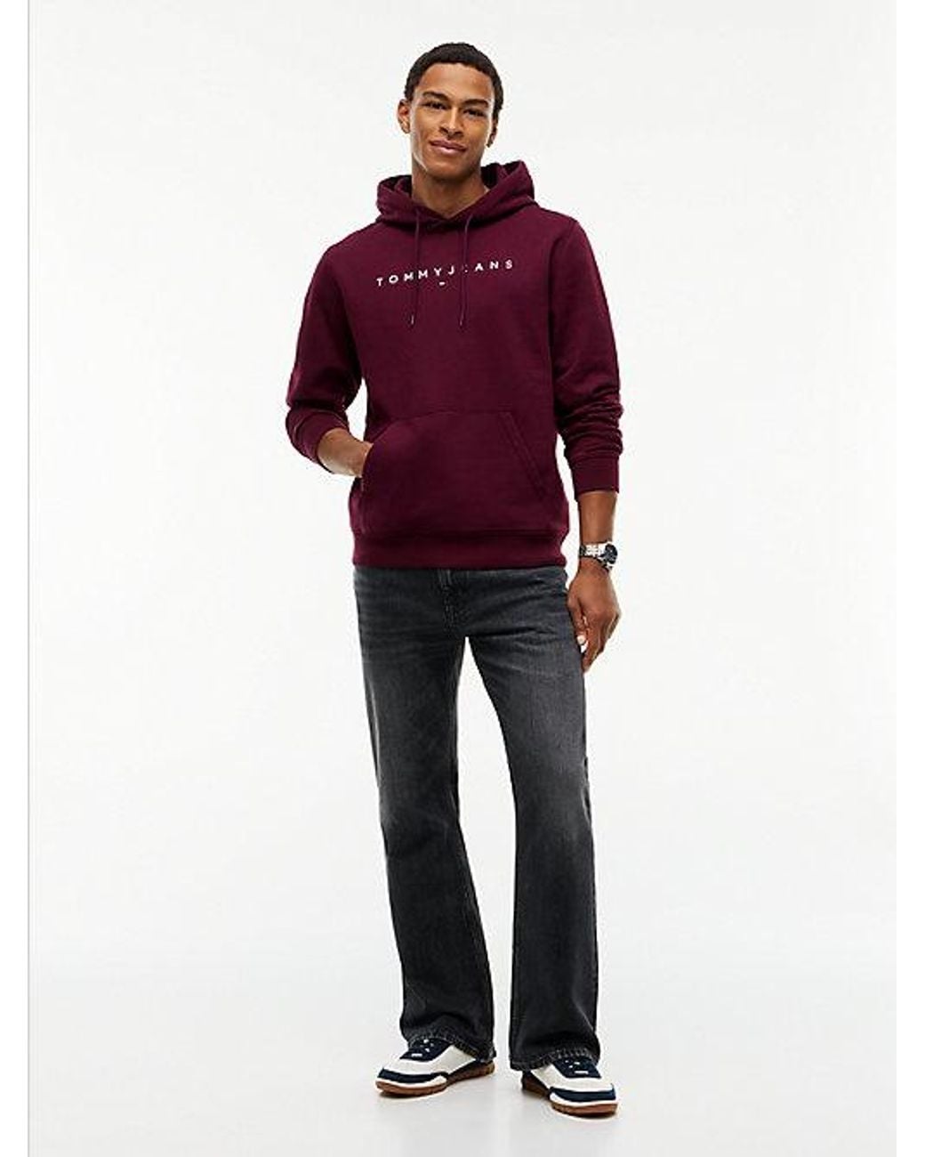 Tommy Hilfiger Red Tommy Jeans Linear Logo Fleece Drawstring Hoody for men