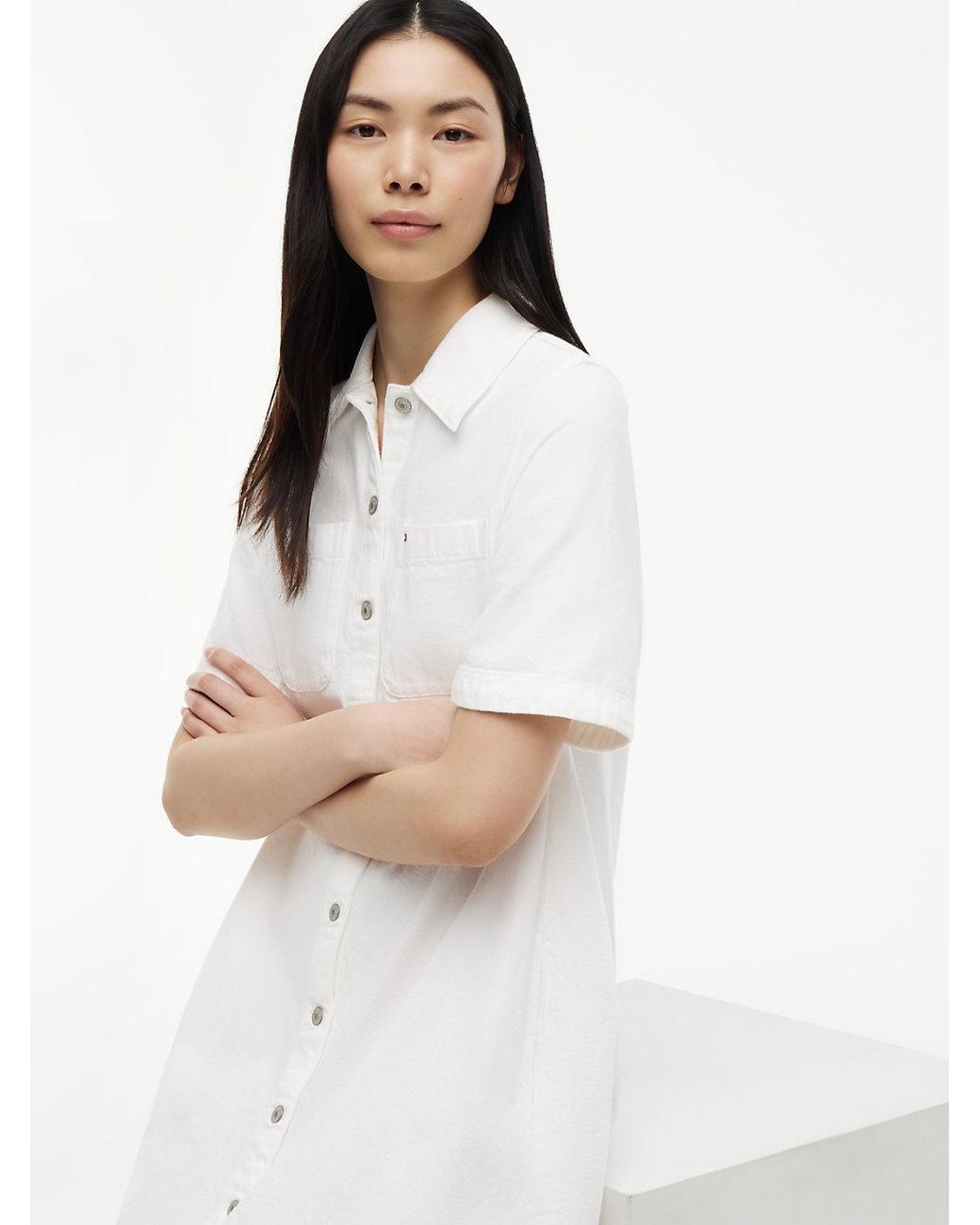 Tommy Hilfiger White Textured Twill A-Line Mini Shirt Dress