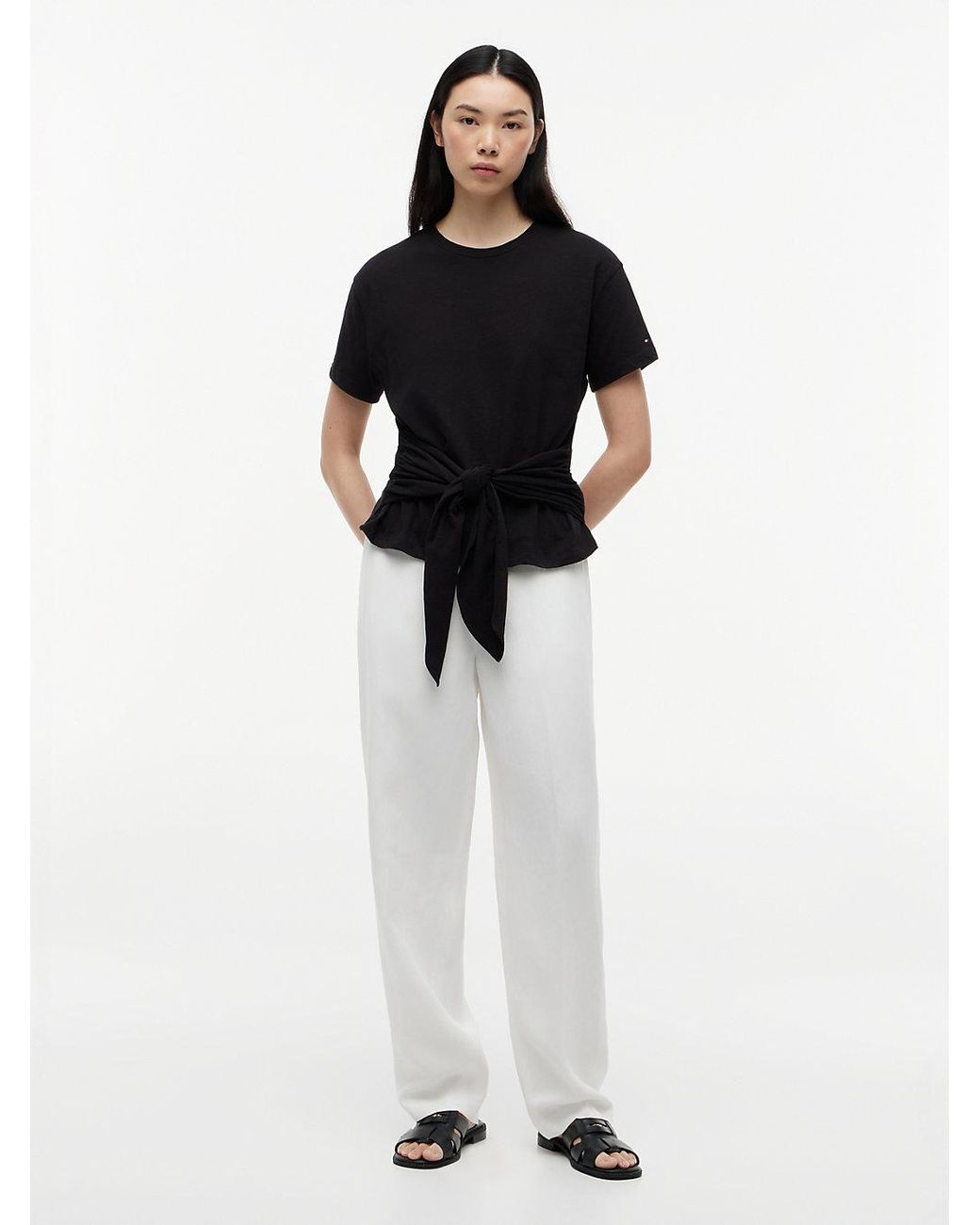 Tommy Hilfiger Black Self-Tie Textured Relaxed Crew Neck T-Shirt