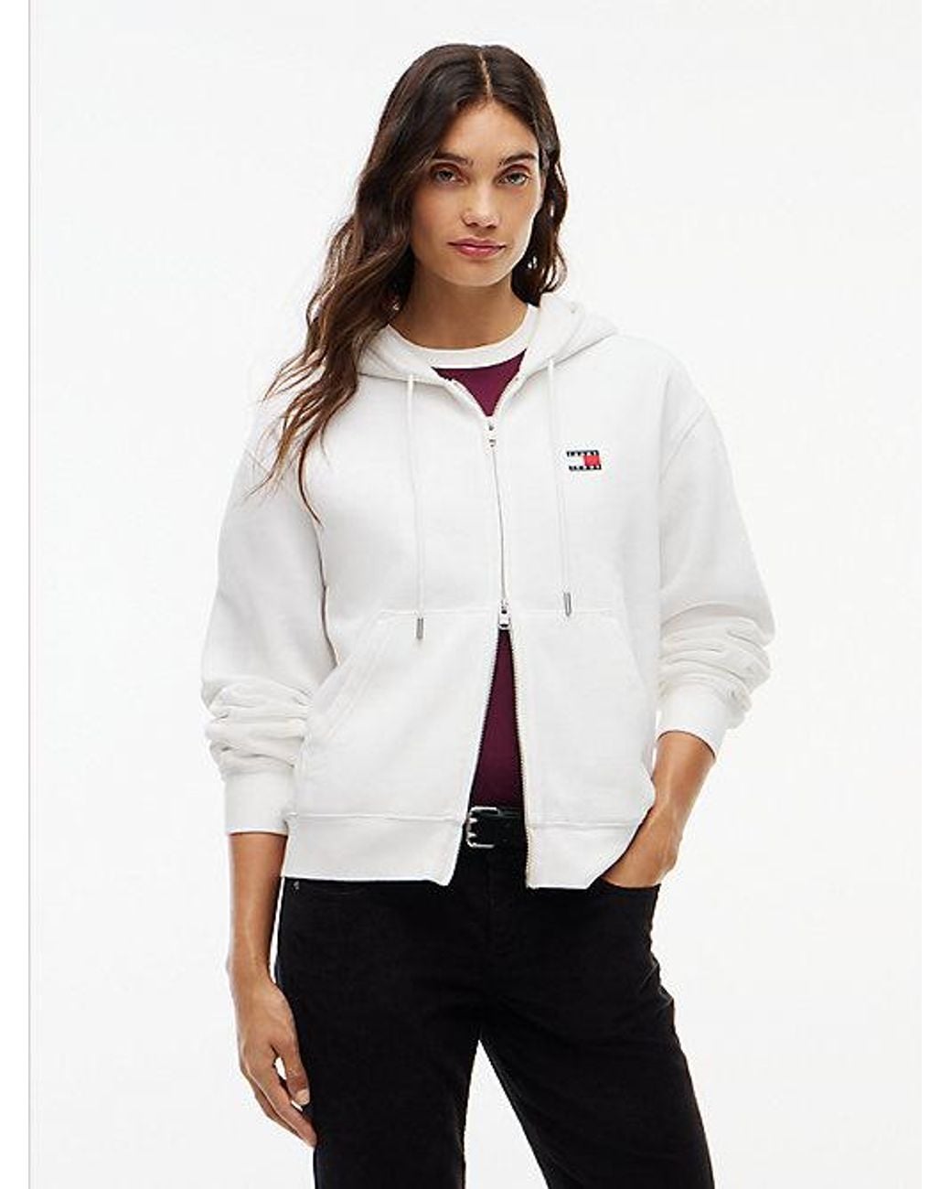 Tommy Hilfiger White Tommy Jeans Tommy Badge Boxy Zip Thru Hoody