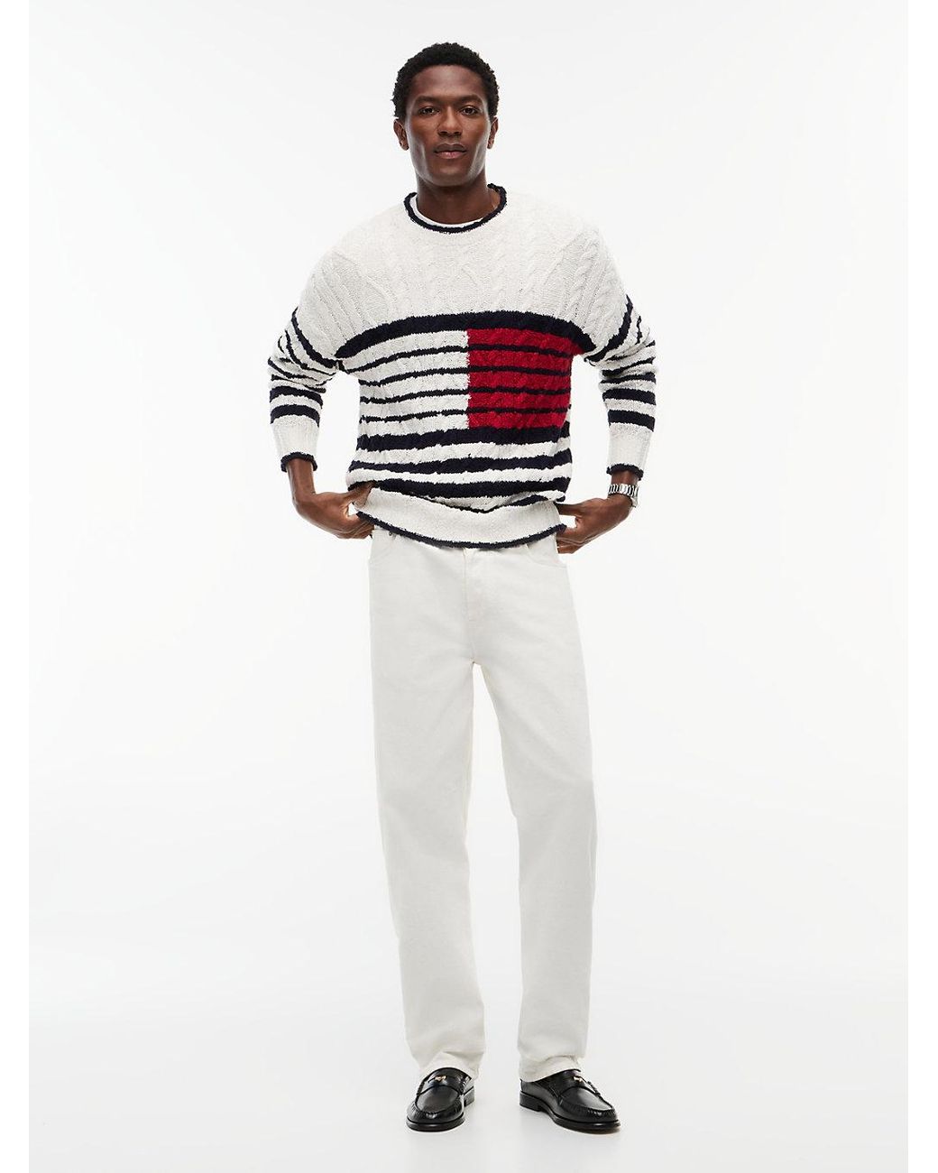 Tommy Hilfiger White Cable Knit Breton Stripe Flag Jumper for men