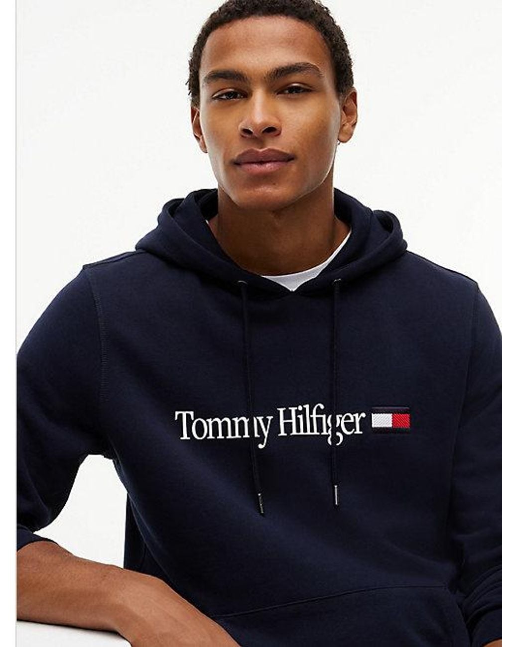 Tommy Hilfiger Blue Logo Terry Drawstring Hoody for men