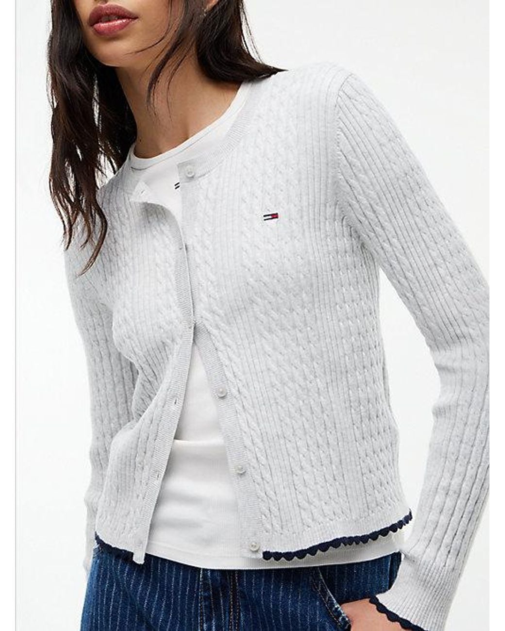 Tommy Hilfiger White Tommy Jeans Cable Knit Scalloped Trim Slim Cardigan
