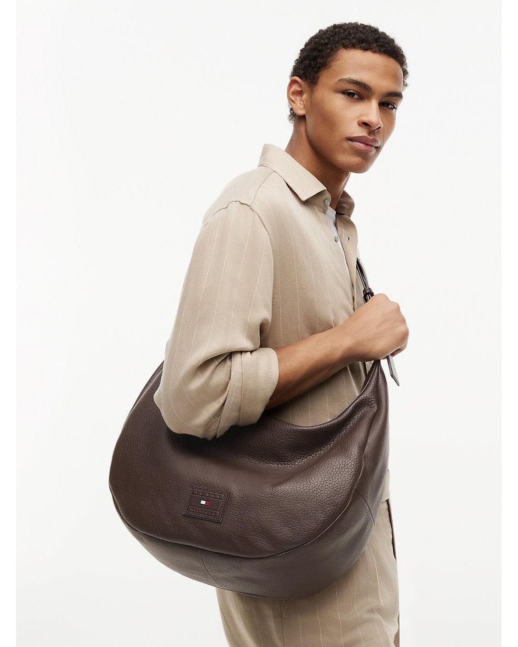 Tommy Hilfiger Brown Logo Patch Slouch Leather Crossbody Bag for men