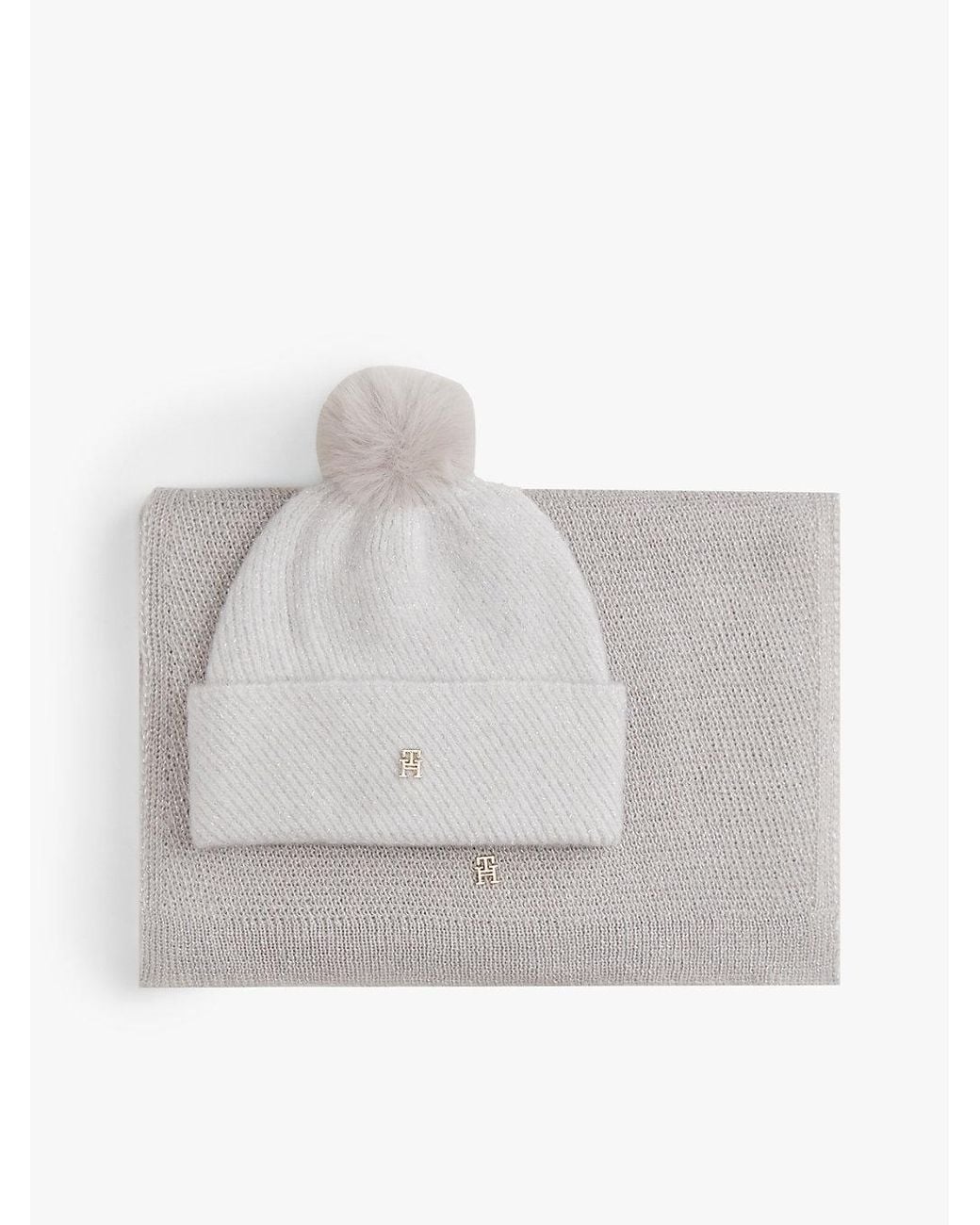 Tommy Hilfiger White Metallic Beanie And Scarf Gift Box