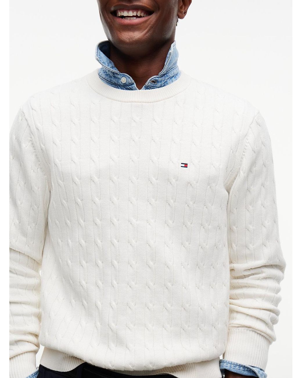 Tommy Hilfiger White Cable Knit Crew Neck Jumper for men