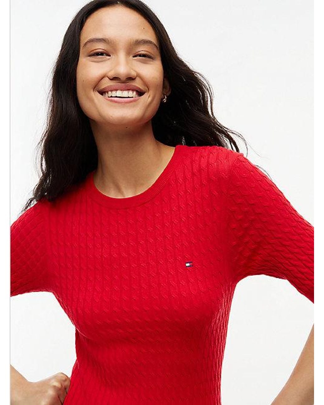 Tommy Hilfiger Red Cable Knit Pleated Midi Dress