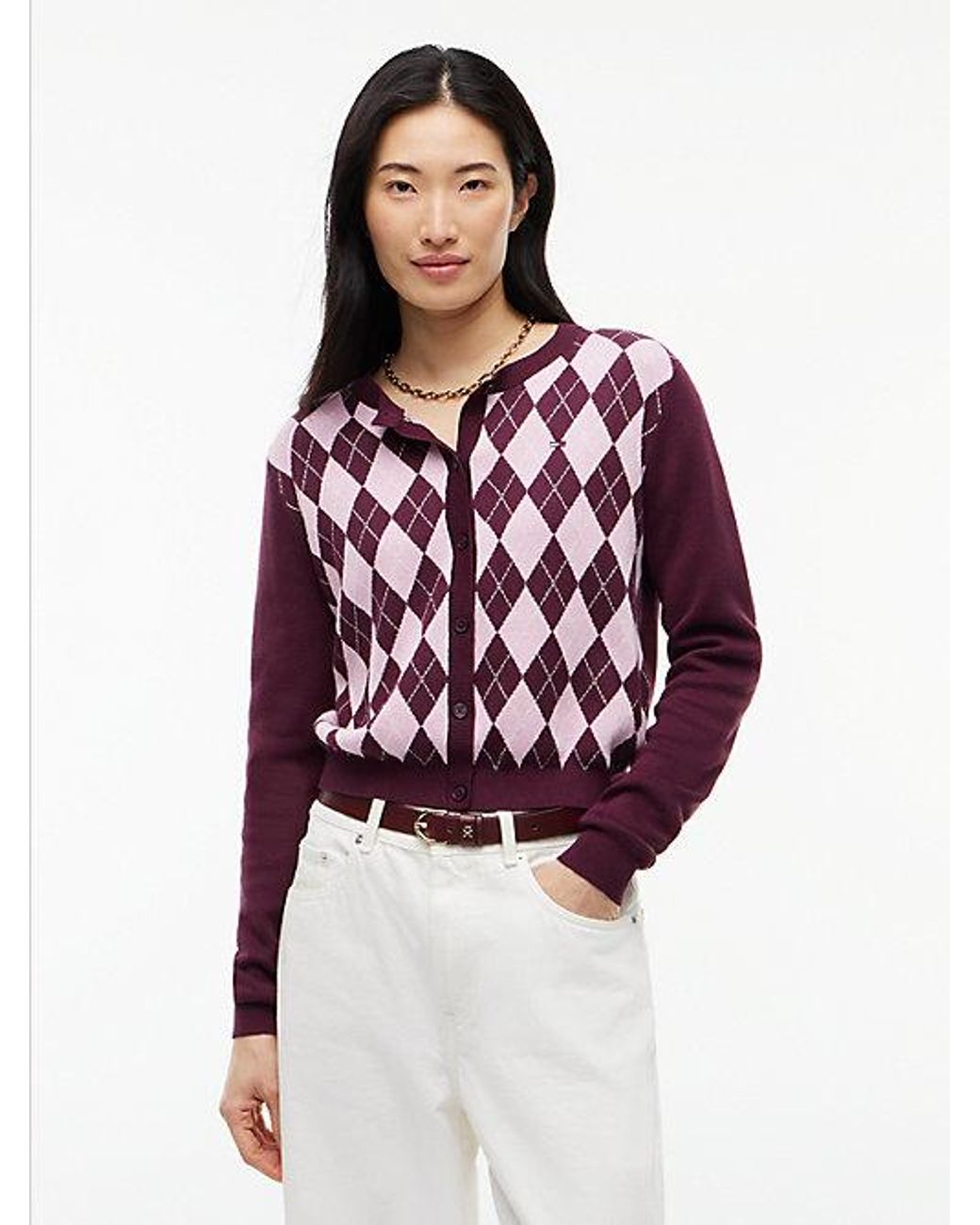 Tommy Hilfiger Red Tommy Jeans Argyle Crew Neck Cardigan