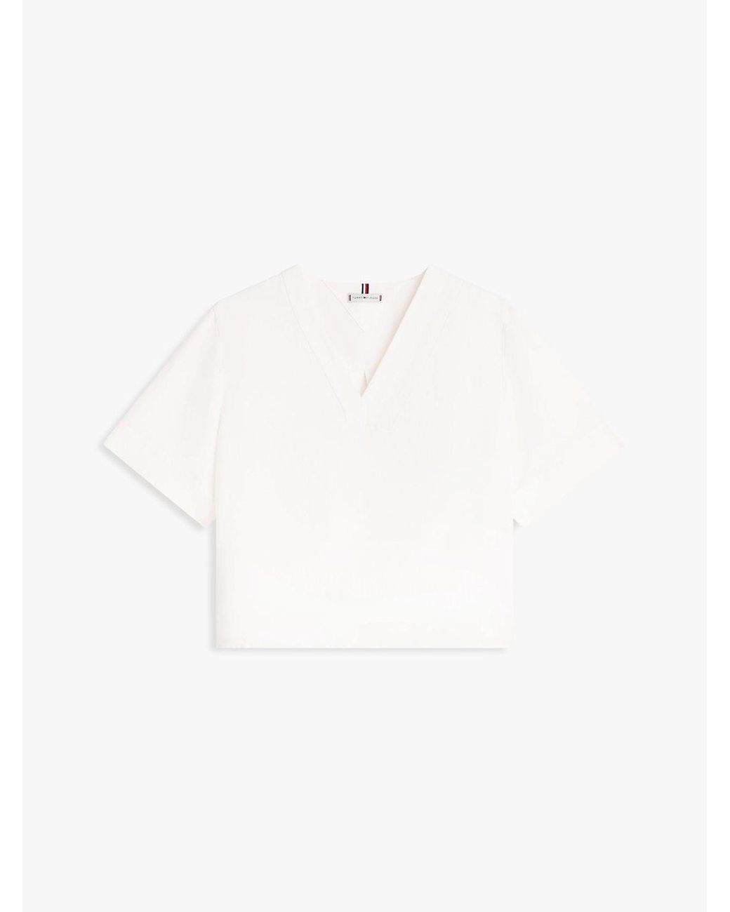 Tommy Hilfiger White Relaxed Fit Linen Blend Short Sleeve Blouse