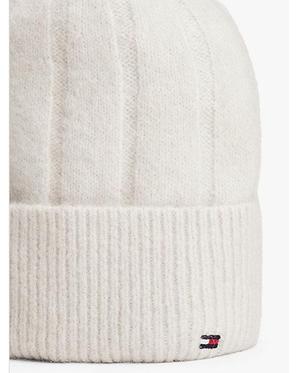 Tommy Hilfiger White Hilfiger Flag Fluffy Beanie With Wool